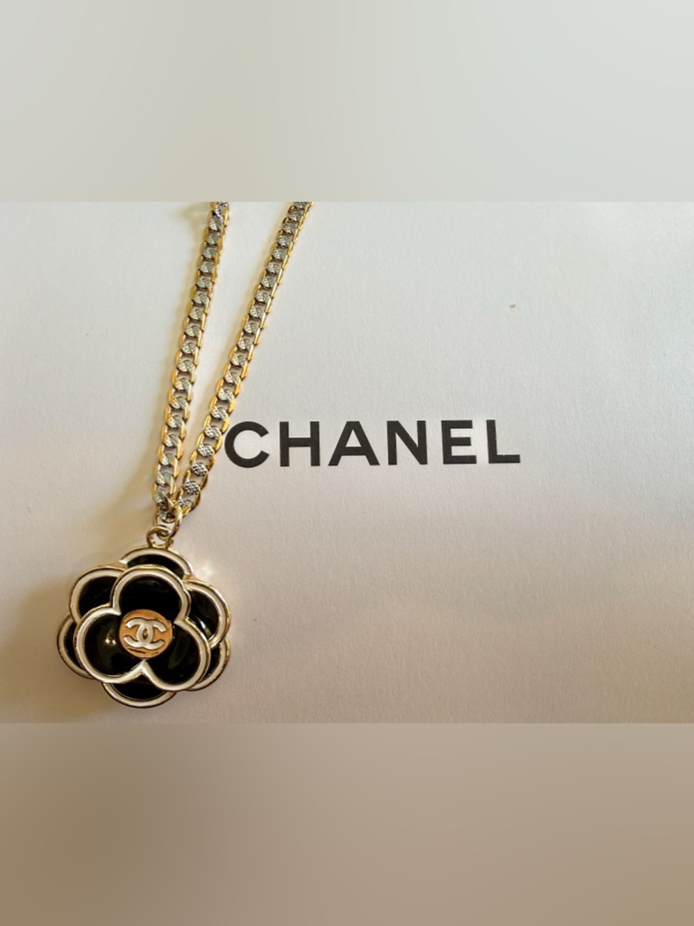 CHANEL Black and Gold Camellia Necklace Pendant - Picture 2 of 3